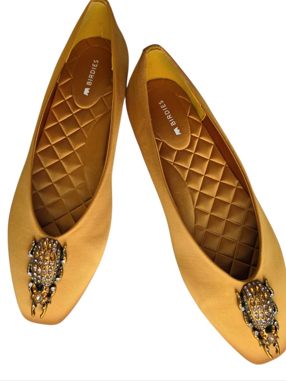 Nwob Birdies Marigold Satin Crane Cushioned Flats Jewel Encrusted Beatle On Toe
